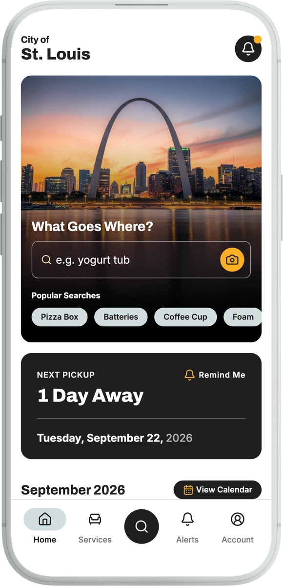 The Curb Coach app home screen for the City of St. Louis, with the What Goes Where search and the next pickup one day away
