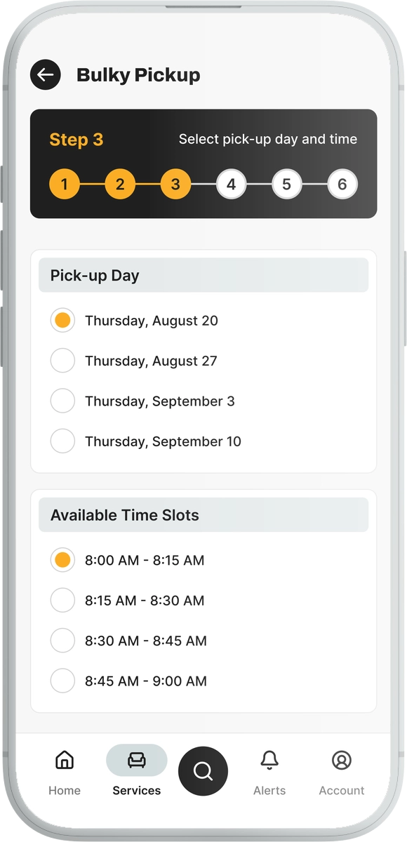 Booking a bulky pickup in Curb Coach: choosing the pickup day and time slot